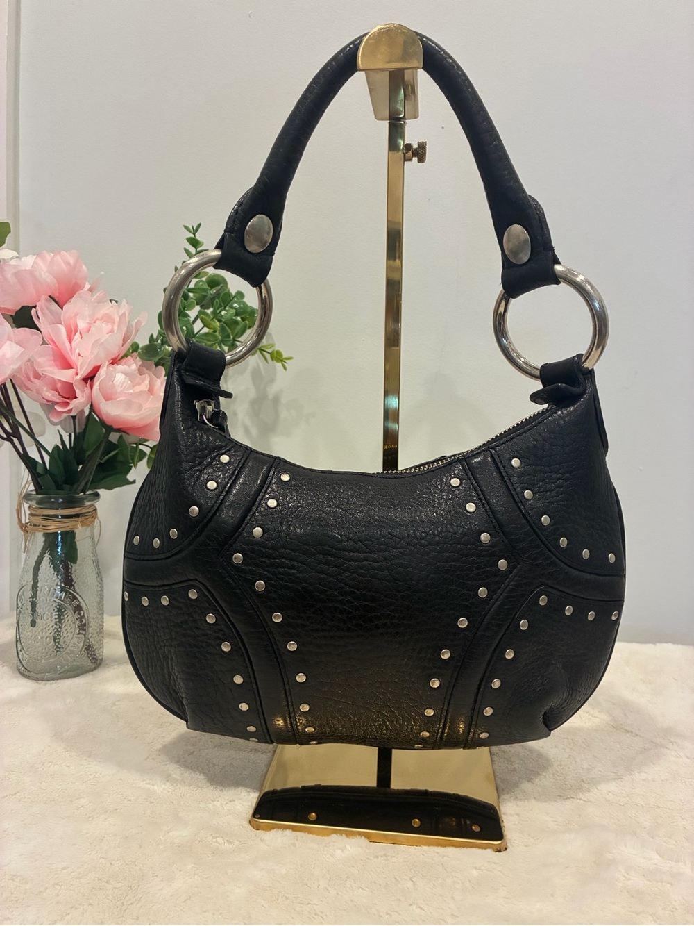 Kenneth Cole Black Leather Studded Shoulder Bag